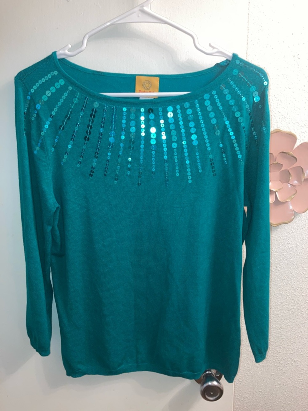 Ruby Rd. Teal Long Sleeve Top with Sequined Radiant Yoke